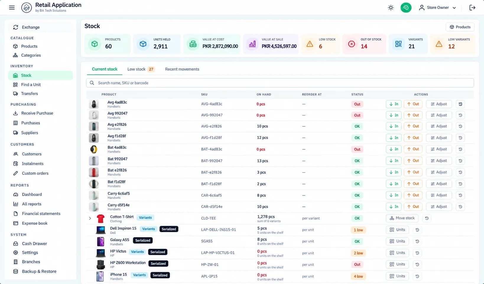 Retail POS Software: stock list