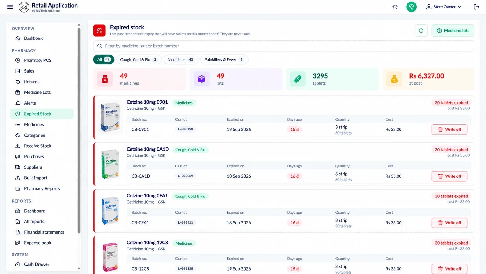 Pharmacy Management Software: batch and expiry list