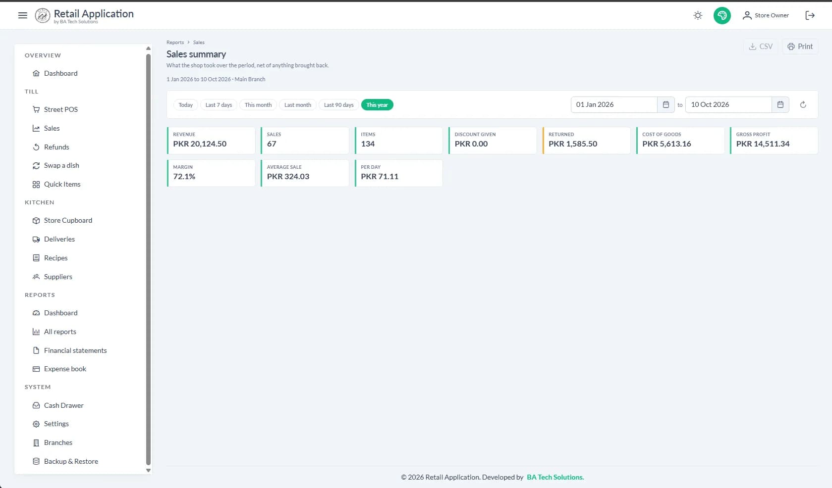 QuickStreet: end-of-day sales summary with item counts