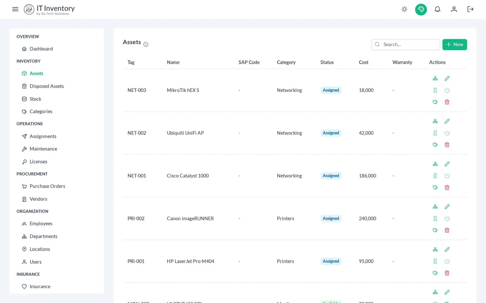 Asset register listing tagged networking equipment and printers with category, status and cost